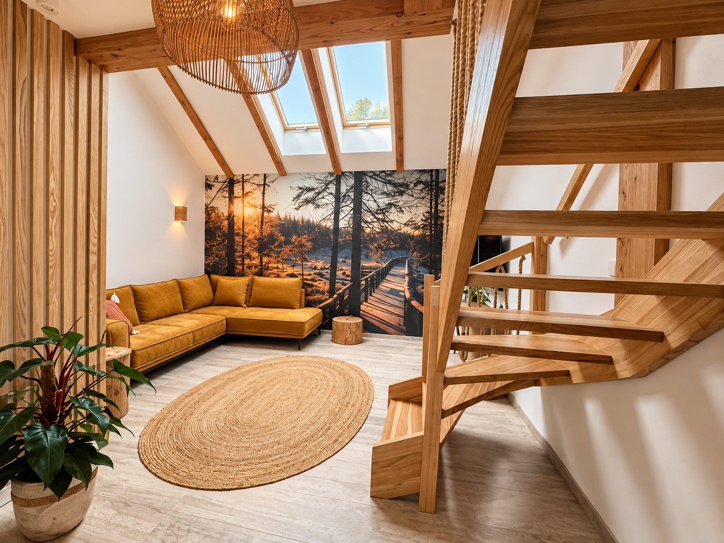Apartament Letni Zieleniec - dwupoziomowy salon z leśną ścianą i schodami